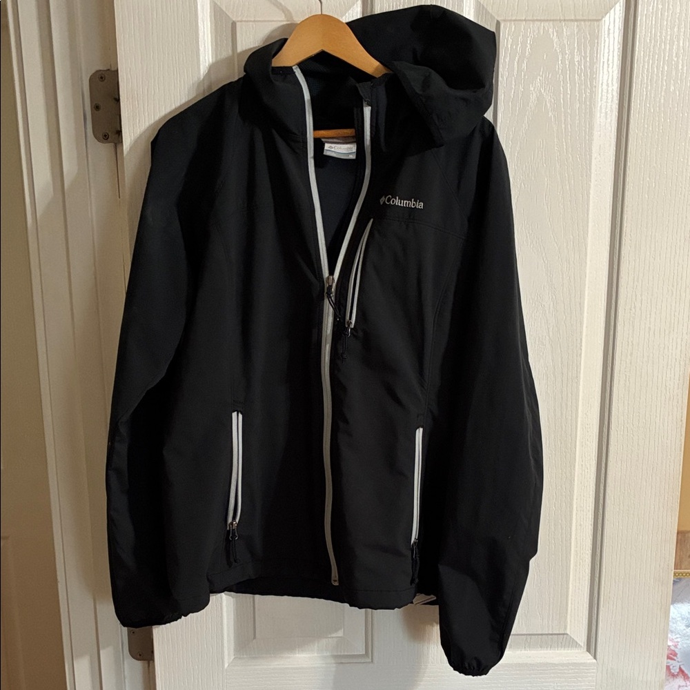 Columbia Black Hooded Waterproof Rain Jacket with White Trim
